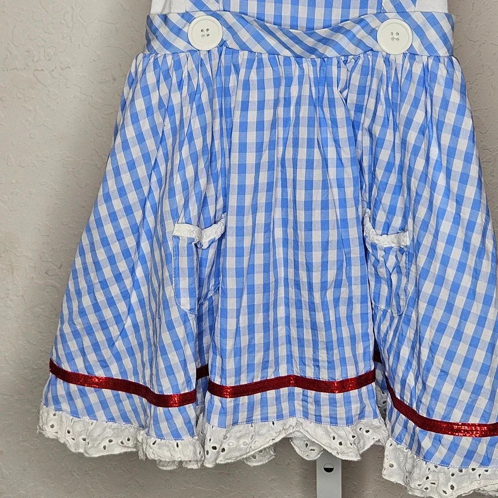 Wizard of Oz Dorothy Costume Dress Girls Medium Blue Gingham Eyelet Lace Spirit